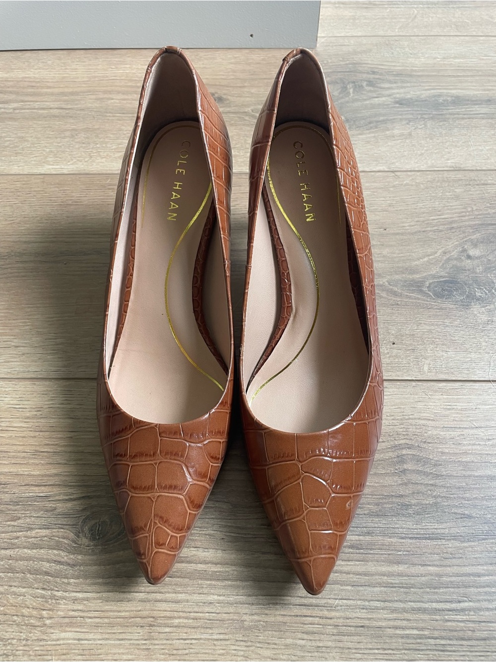 Cole Haan Vandam Brown Croc-Embossed Pointed-Toe Pumps - 8